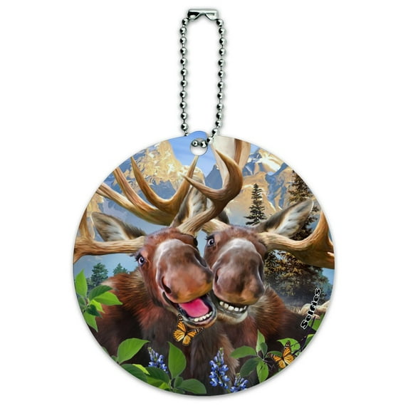 Moose Selfie Round Luggage ID Tag Card Suitcase Carry-On