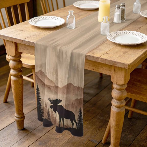 Moose Silhouette 4.5ft Cheesecloth Table Runner for Wedding 19"x55", Nature Mountain Landscape Kitchen Dinner Sheer Tulle Chiffon Dresser Scarf, Holiday Party Decorations