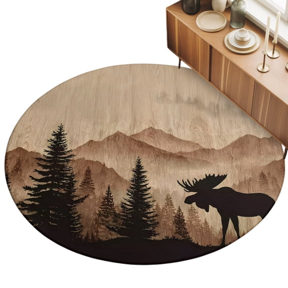 Moose Silhouette Area Rugs 3.3' (Round) Nature Mountain Landscape Floor Rug Non Slip Low Pile Ultra Soft Throw Carpet for Entryway Indoor Entrance Kitchen Bathroom