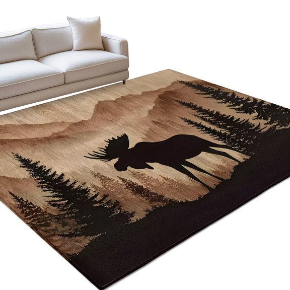 Moose Silhouette Area Rugs 5x7ft Nature Mountain Landscape Floor Rug Non Slip Low Pile Ultra Soft Throw Carpet for Entryway Indoor Entrance Kitchen Bathroom