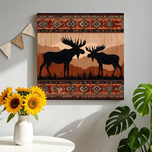 Moose Silhouette Canvas Wall Art, Animals Aztec Style Rustic Framed Canvas Wall Decor Picture Print Artwork Decorations for Living Room Office Ready to Hang 8" x 8"