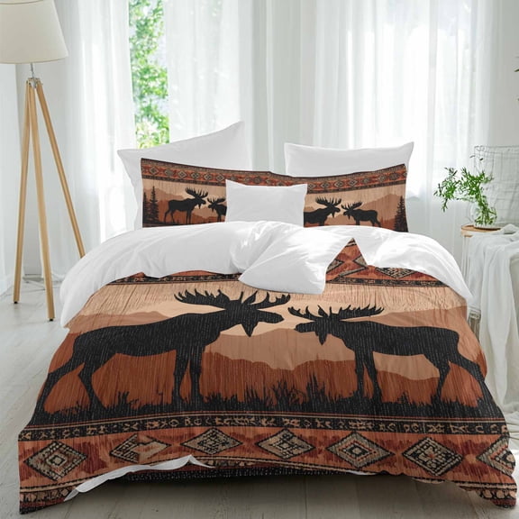 Moose Silhouette Comforter Set Full Size, Animals Aztec Style Rustic Soft Bedding Set for Man Woman, 4 Pieces Duvet Cover Set with Fitted Sheet, 2 Pillowcases