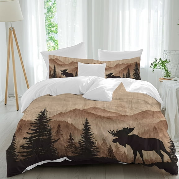 Moose Silhouette Comforter Set Queen Size, Nature Mountain Landscape Soft Bedding Set for Man Woman, 4 Pieces Duvet Cover Set with Fitted Sheet, 2 Pillowcases