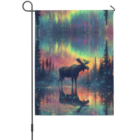 Moose Silhouette Garden Flag 12 x 18 Inches, Lake Reflection Colorful Lights Landscape Weather Proof Outdoor Patio Flags Double Sided Small Garden Decoration for Yard Outside Home