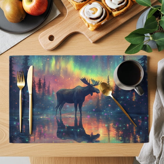 Moose Silhouette Placemats Set of 1, Lake Reflection Colorful Lights Landscape Non-Slip Place Mats Washable Table Mats for Kitchen Dining Table Decorations Indoor/Outdoor