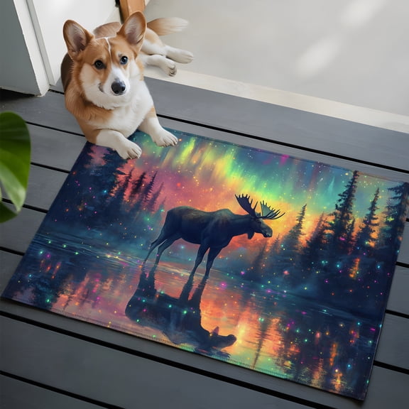 Moose Silhouette Small Area Rugs 2x3 Lake Reflection Colorful Lights Landscape Entryway Rugs Washable Door Mat, Low-Profile Area Rugs Non Slip Floor Carpet for Living Room Bedroom Home Office