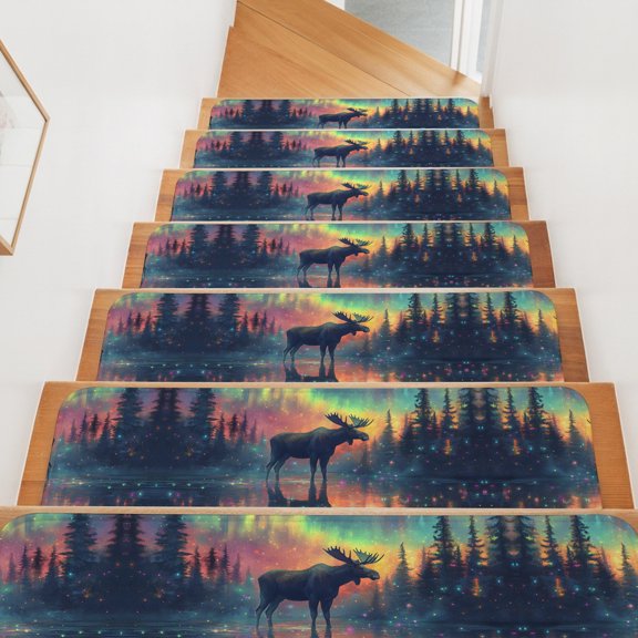 Moose Silhouette Stair Treads Non Slip for Steps Lake Reflection Colorful Lights Landscape 4 Pcs Reusable Adhesive Stair Runner Mats for Dogs Elders Carpet Treads Rugs for Staircase 8x30 In