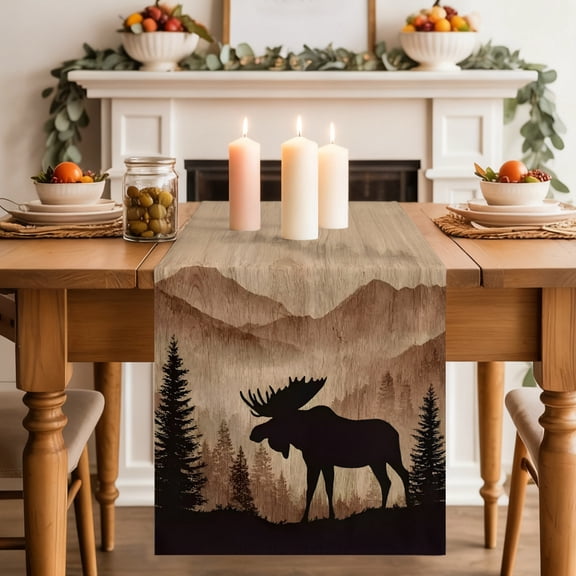 Moose Silhouette Table Runner, Nature Mountain Landscape Washable Cotton-linen Table Runners Dining Kitchen Decoration for Everyday Home Wedding Party Decor, 13 x 36 Inch