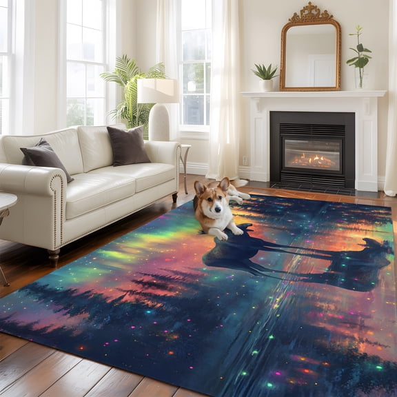 Moose Silhouette Washable Area Rug 5x7 Lake Reflection Colorful Lights Landscape Low-Profile Large Area Rugs with Non Slip Backing Indoor Floor Carpet for Entrance Living Room Bedroom Home Office
