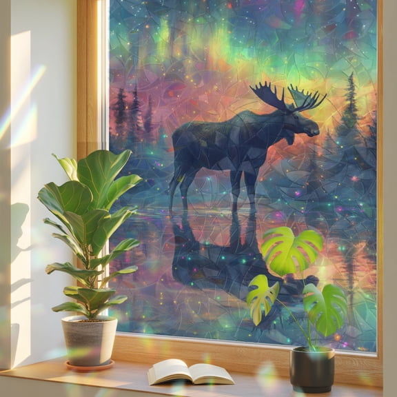 Moose Silhouette Window Privacy Film, Lake Reflection Colorful Lights Landscape Stained Glass Rainbow Film Decorative Window Clings, Static Cling Sun Blocking Stickers 29.5" x 118"