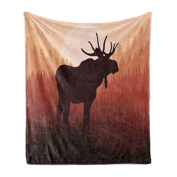 Moose Soft Flannel Fleece Blanket, Antlers in Wild Alaska Forest Rusty Abstract Landscape Design Deer Theme Woods, Cozy Plush for Indoor and Outdoor Use, 70" x 90", Peach and Brown, by Ambesonne