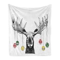 thumbnail image 1 of Moose Soft Flannel Fleece Throw Blanket, Christmas Animal Xmas Ornaments Balls Hanging from Horns Funny Noel Sketch Art, Cozy Plush for Indoor and Outdoor Use, 50" x 60", Multicolor, by Ambesonne, 1 of 5