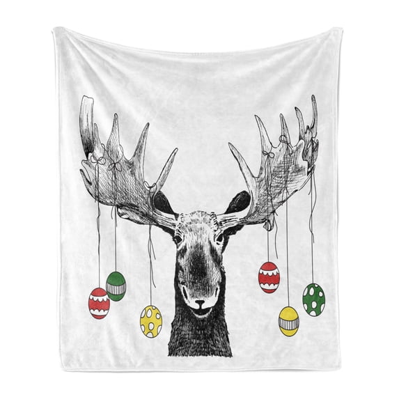Moose Soft Flannel Fleece Throw Blanket, Christmas Animal Xmas Ornaments Balls Hanging from Horns Funny Noel Sketch Art, Cozy Plush for Indoor and Outdoor Use, 50" x 60", Multicolor, by Ambesonne