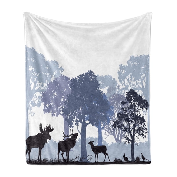 Moose Soft Flannel Fleece Throw Blanket, Forest Design Abstract Woods North American Wild Animals Deer Hare Elk Trees, Cozy Plush for Indoor and Outdoor Use, 50" x 60", Black White Grey, by Ambesonne