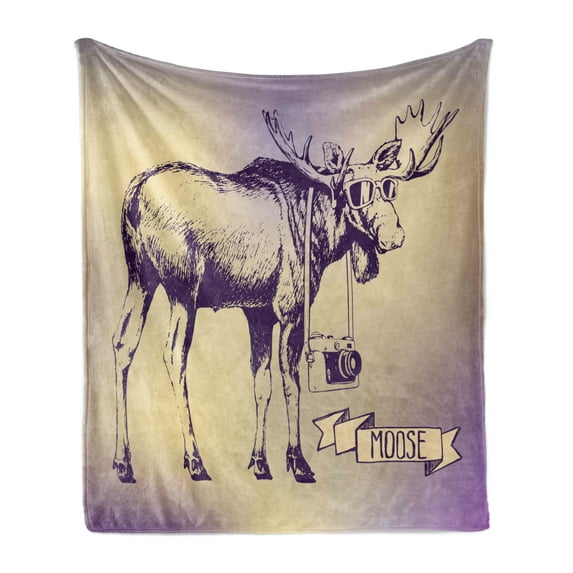 Moose Soft Flannel Fleece Throw Blanket, Hipster Deer Shade Sunglasses and Camera Vintage Ombre Design Funny Animal Art, Cozy Plush for Indoor and Outdoor Use, 50" x 60", Purple Beige, by Ambesonne