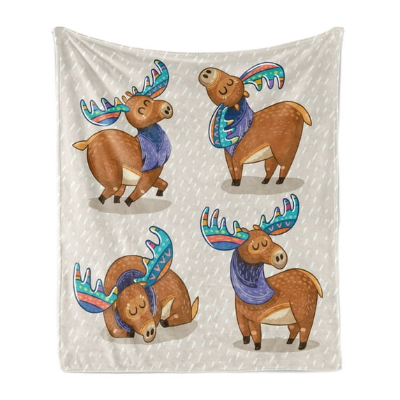 Moose Soft Flannel Fleece Throw Blanket, Kids Cartoon Inspired Elks with Antlers Friendly Nursery Kids Theme Artwork, Cozy Plush for Indoor and Outdoor Use, 50" x 70", Multicolor, by Ambesonne