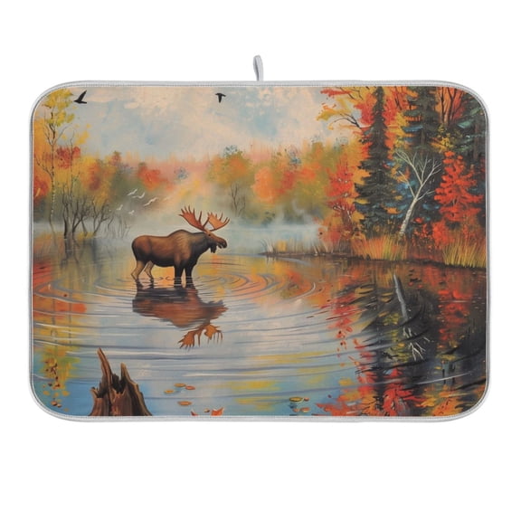 Moose Standing in Water Dish Drying Mat 16x18 Absorbent Microfiber Draining Rack Pad for Kitchen Counter Sink