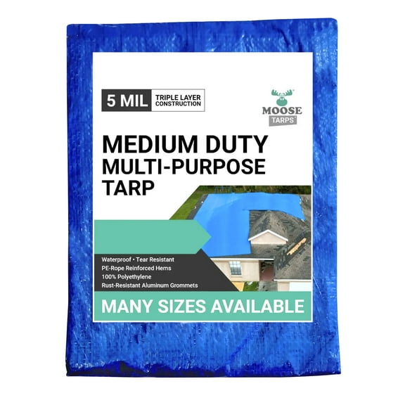 Moose Supply 5 Mil Waterproof Blue Poly Tarp Covers with Grommets, 20' x 20'