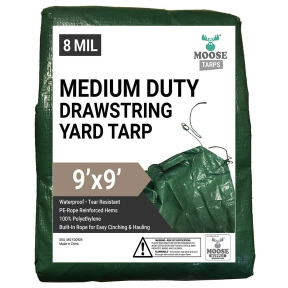 Moose Supply 8 Mil Drawstring Waterproof Tarp Yardwork Leaf Hauler, Green 9' x 9'