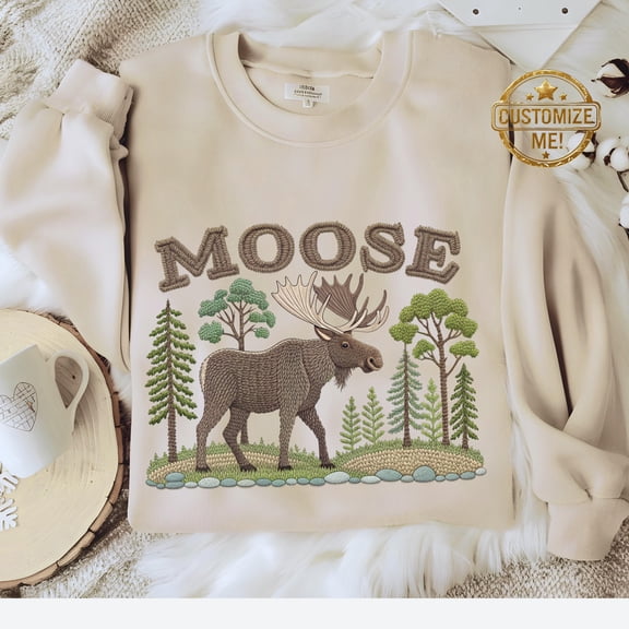 Moose Sweatshirt: Boho Moose Printed Embroidery Look Shirt, Vintage Moose Shirt