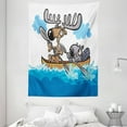 thumbnail image 1 of Moose Tapestry, American Animals Boat Beaver Friend Canoe River Fun Native Characters Cartoon, Wall Hanging for Bedroom Living Room Dorm Decor, 60W X 80L Inches, Blue White Brown, by Ambesonne, 1 of 5