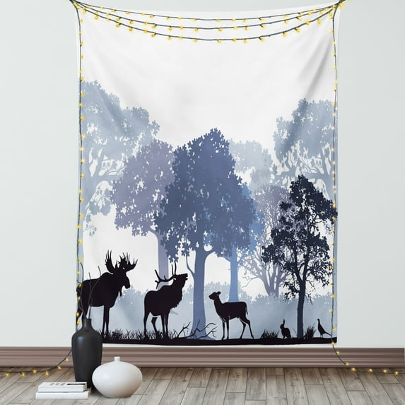 Moose Tapestry, Forest Design Abstract Woods North American Wild Animals Deer Hare Elk Trees, Wall Hanging for Bedroom Living Room Dorm Decor, 60W X 80L Inches, Black White Grey, by Ambesonne