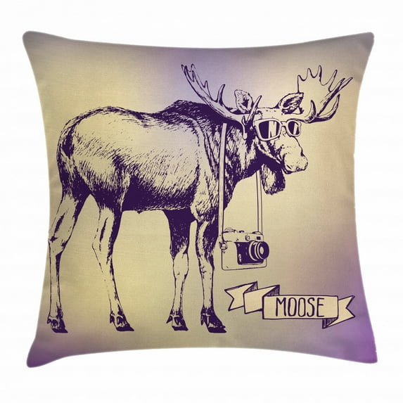 Moose Throw Pillow Cushion Cover, Hipster Deer with Shade Sunglasses and Camera Vintage Ombre Design Funny Animal Art, Decorative Square Accent Pillow Case, 18 X 18 Inches, Purple Beige, by Ambesonne