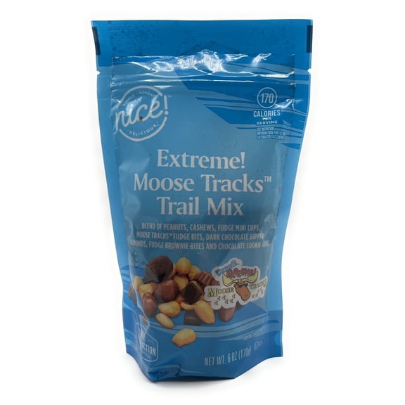 Moose Tracks Trail Mix, Blend of Peanuts, Cashews, Fudge mini cups, Moose tracks fudge bits, Dark chocolate dipped almonds, Fudge brownie bites, and Chocolate cookie gems, Nice 6oz Bag