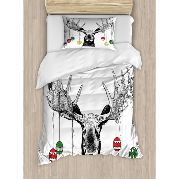 Moose Twin Size Duvet Cover Set, Christmas Moose with Xmas Ornaments Balls Hanging from Horns Funny Noel Sketch Art, Decorative 2 Piece Bedding Set with 1 Pillow Sham, Multicolor, by Ambesonne