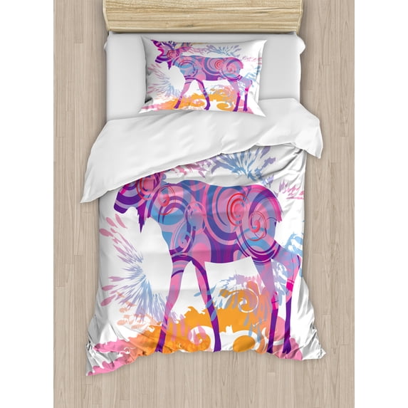 Moose Twin Size Duvet Cover Set, Unusual Deer Figure with Trippy Featured Color Effects Digital Vivid Display, Decorative 2 Piece Bedding Set with 1 Pillow Sham, Mauve and Orange, by Ambesonne