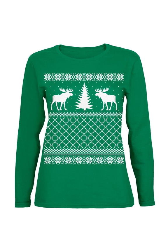 Moose Ugly Christmas Sweater Green Womens Long Sleeve T-Shirt - Medium