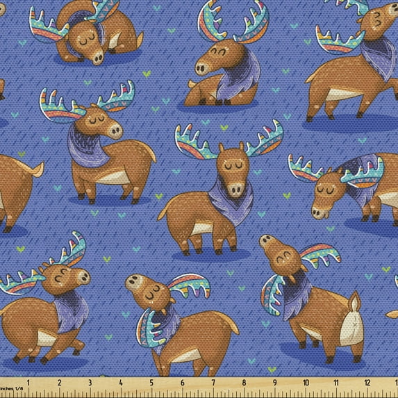 Ambesonne Moose Fabric by the Yard Upholstery, Funny Cartoon Mascots, 3 Yards, Multicolor