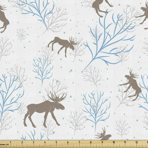 Ambesonne Christmas Fabric by the Yard Upholstery, Winter Retro Forest, 1 Yard, Brown Blue