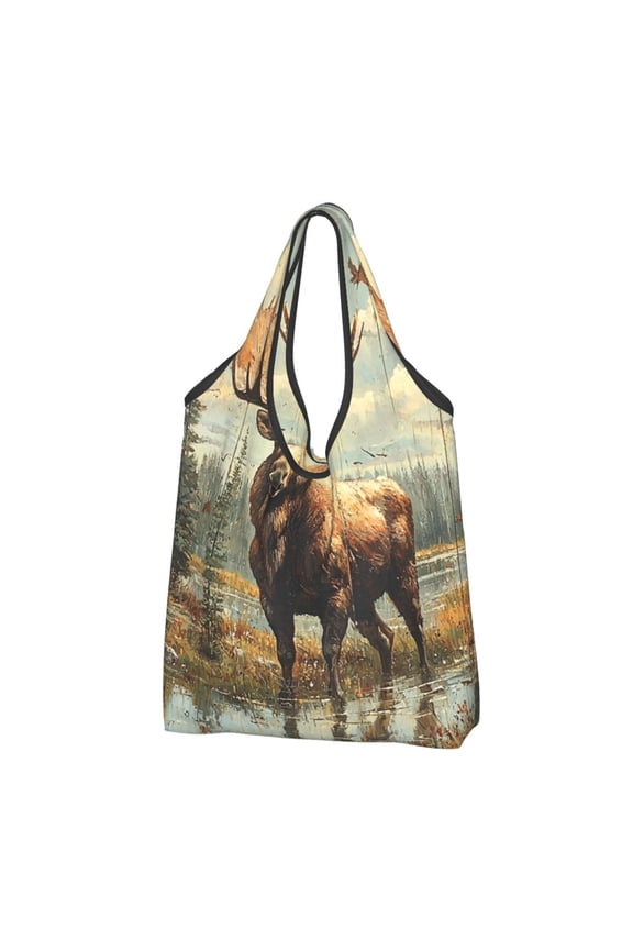 Moose Vintage Reusable Grocery Bags Shopping Totes Foldable Washable Pouch Handbag Storage Bag