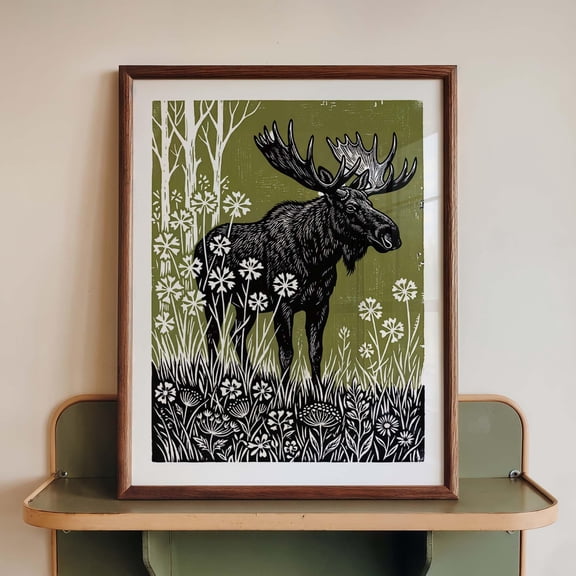Moose Wall Art Print Woodland Moose Linocut Poster Olive Green Wildlife Decor Folk Nature