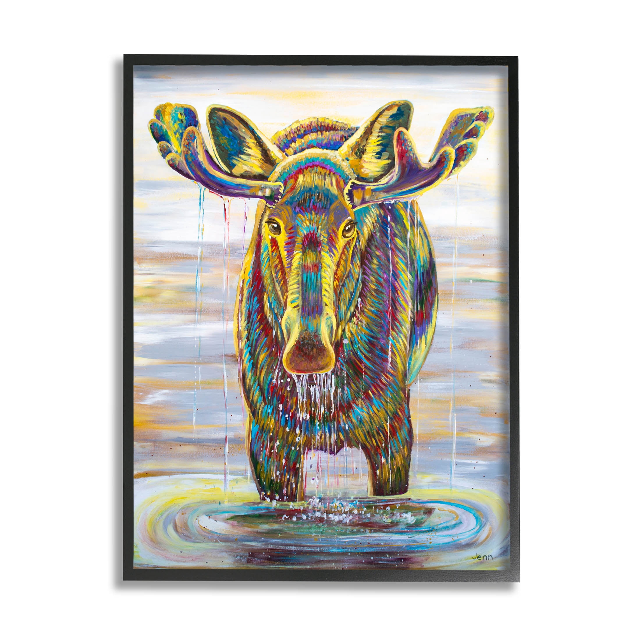 Moose Water Drip Nature Lake Animals & Insects Painting Black Framed Art Print Wall Art