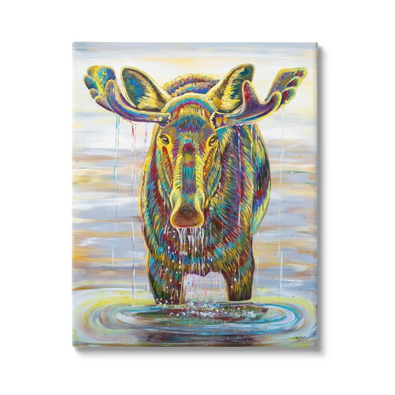 Moose Water Drip Nature Lake Animals & Insects Painting Gallery Wrapped Canvas Print Wall Art
