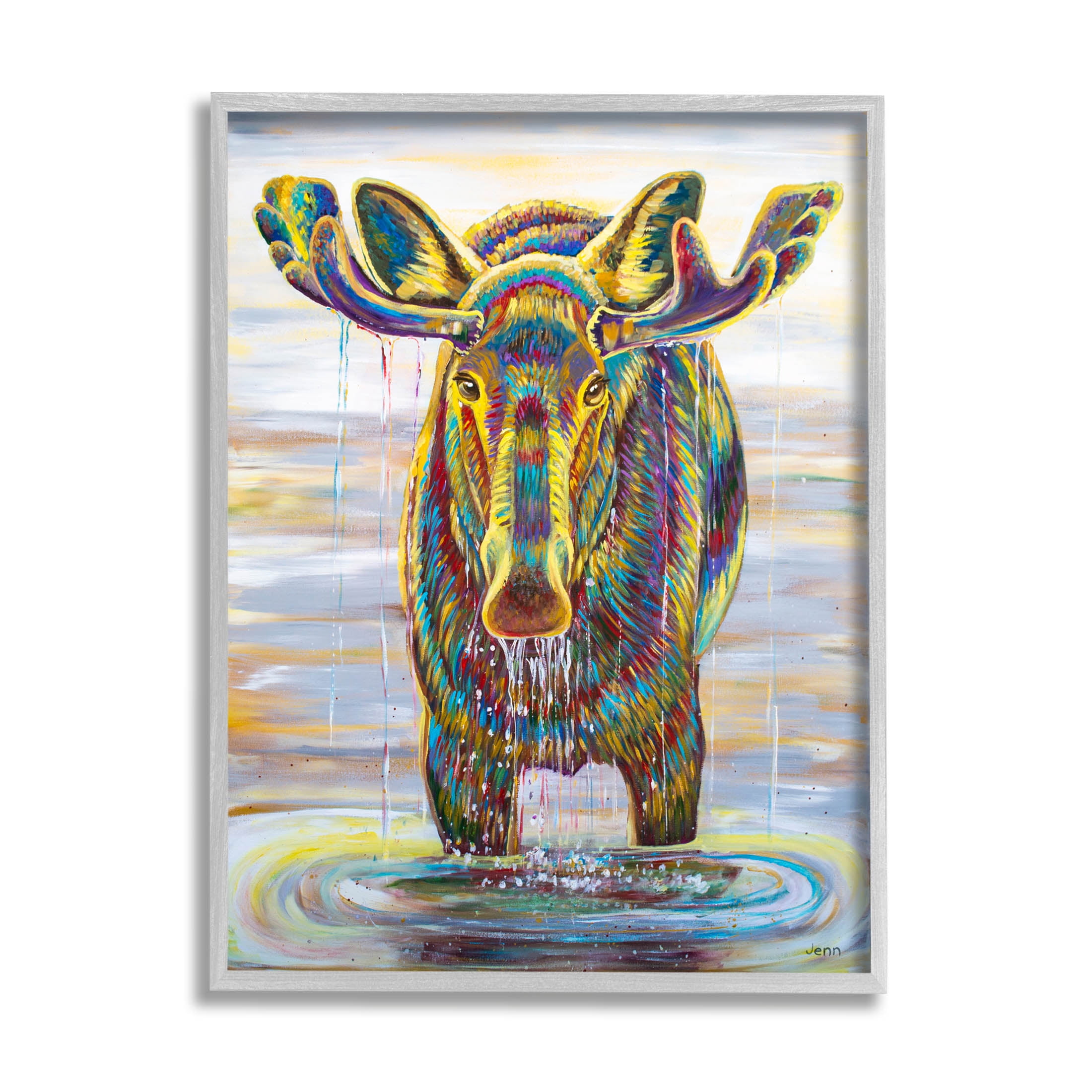Moose Water Drip Nature Lake Animals & Insects Painting Gray Framed Art Print Wall Art