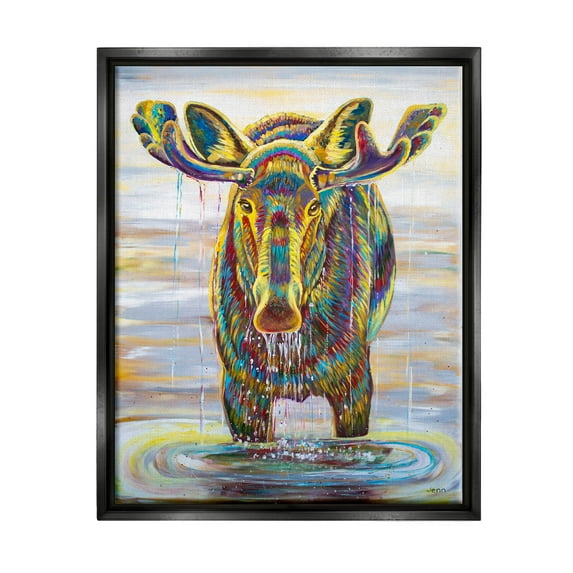 Moose Water Drip Nature Lake Animals & Insects Painting Jet Black Framed Art Print Wall Art