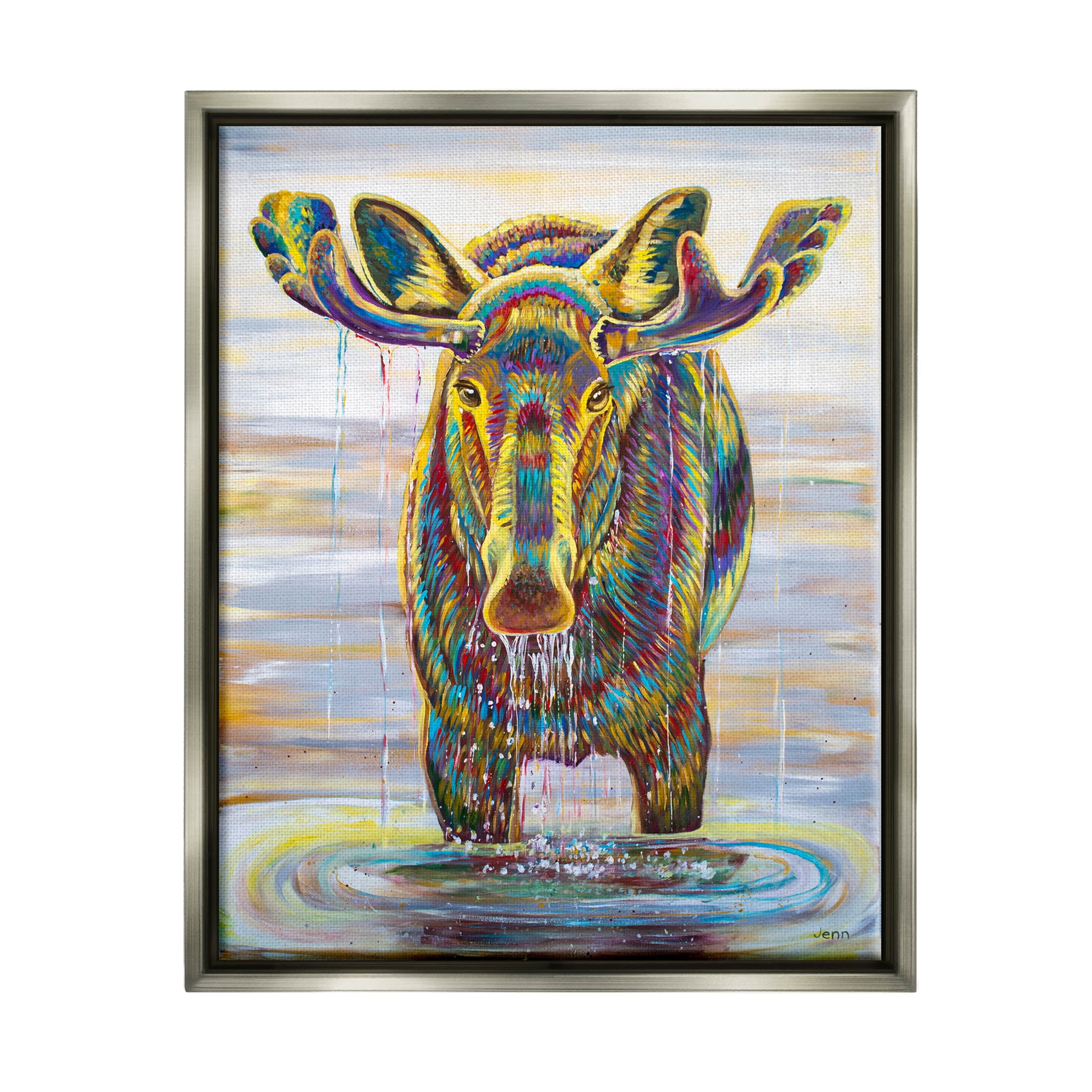 Moose Water Drip Nature Lake Animals & Insects Painting Luster Gray Framed Art Print Wall Art