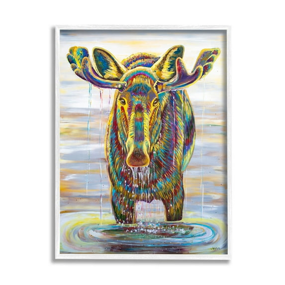 Moose Water Drip Nature Lake Animals & Insects Painting White Framed Art Print Wall Art