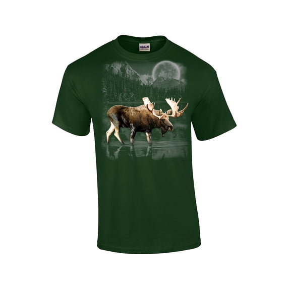 Moose Wilderness Moonlight & Mountains Short Sleeve T-shirt-Forest Green-Medium