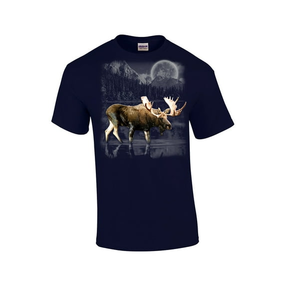 Moose Wilderness Moonlight & Mountains Short Sleeve T-shirt-Navy-6Xl