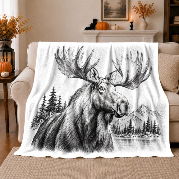 Moose Wilderness Realistic Sketch Pen Ink Moose Illustration, Peaceful Mountain Lake Scene, Warm Flannel Blanket for Cabin and Lodge, Outdoor Lovers Camping Gift, Rustic Home Decor