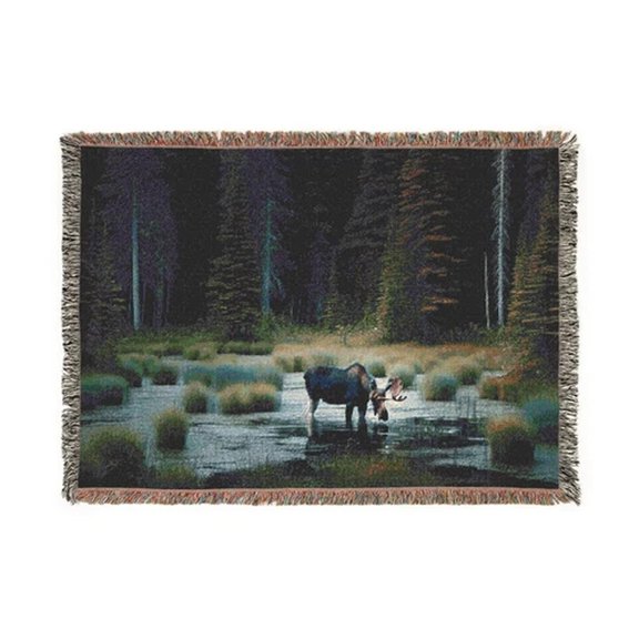 Moose Wilderness Rustic Cabin Woven Throw Blanket, 100% Cotton, Fringed Edges