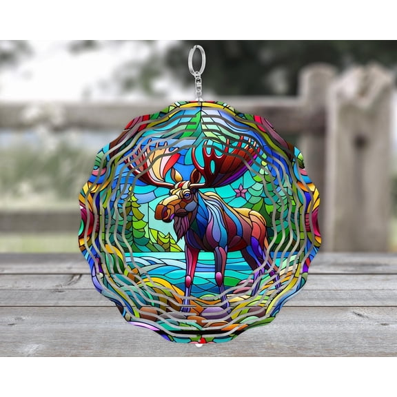 Moose Wind Spinner Faux Stained Glass Riverbank Pine Trees Outdoor Garden Decor Wildlife Art