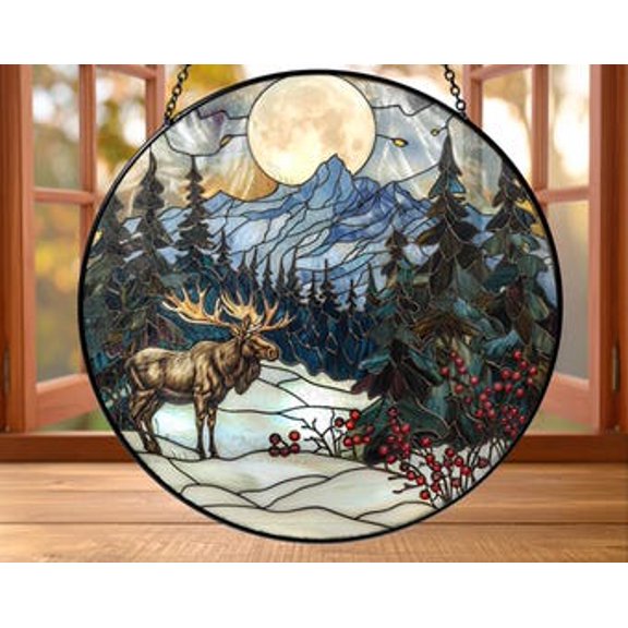 Moose Winter Forest Glass Suncatcher Round Window Hanging, 3.5 in
