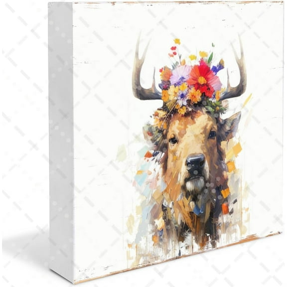 Moose With Flower Wreathes Wooden Box Sign Table Decor Rustic Farmhouse Square Desk Decor Sign For Shelf Woodland Animal Wood Block Signs Boho Decor 5x5 Inches
