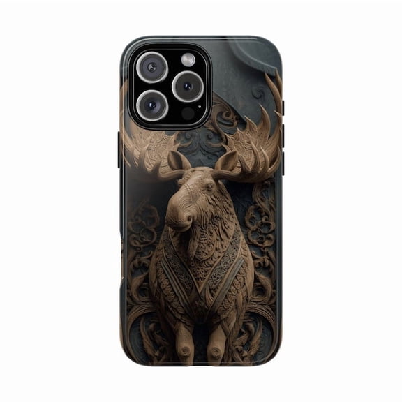 Moose Wood Carving Oak Timber Wildlife Art Case with iPhone 17 to 11 Pro Max