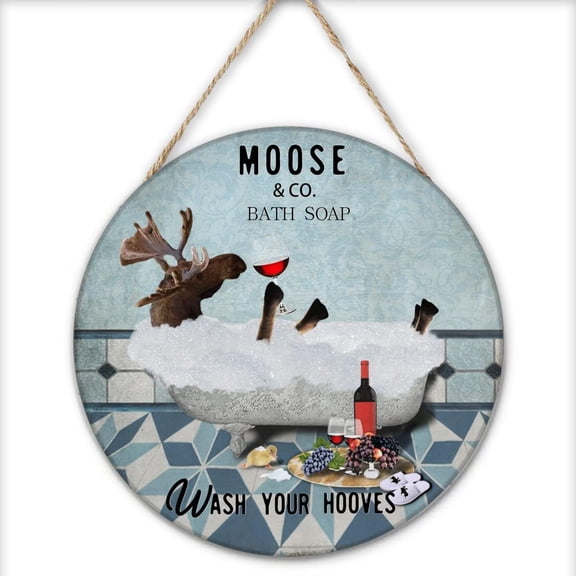 Moose Wood Sign Moose Lovers Gift Wash Your Hooves Round Wooden Sign Vintage Hanging Sign for Home Coffee Wall Decor - Bathroom Wall Art - Bath Wall Decor Restroom Decorations 12x12 Inch